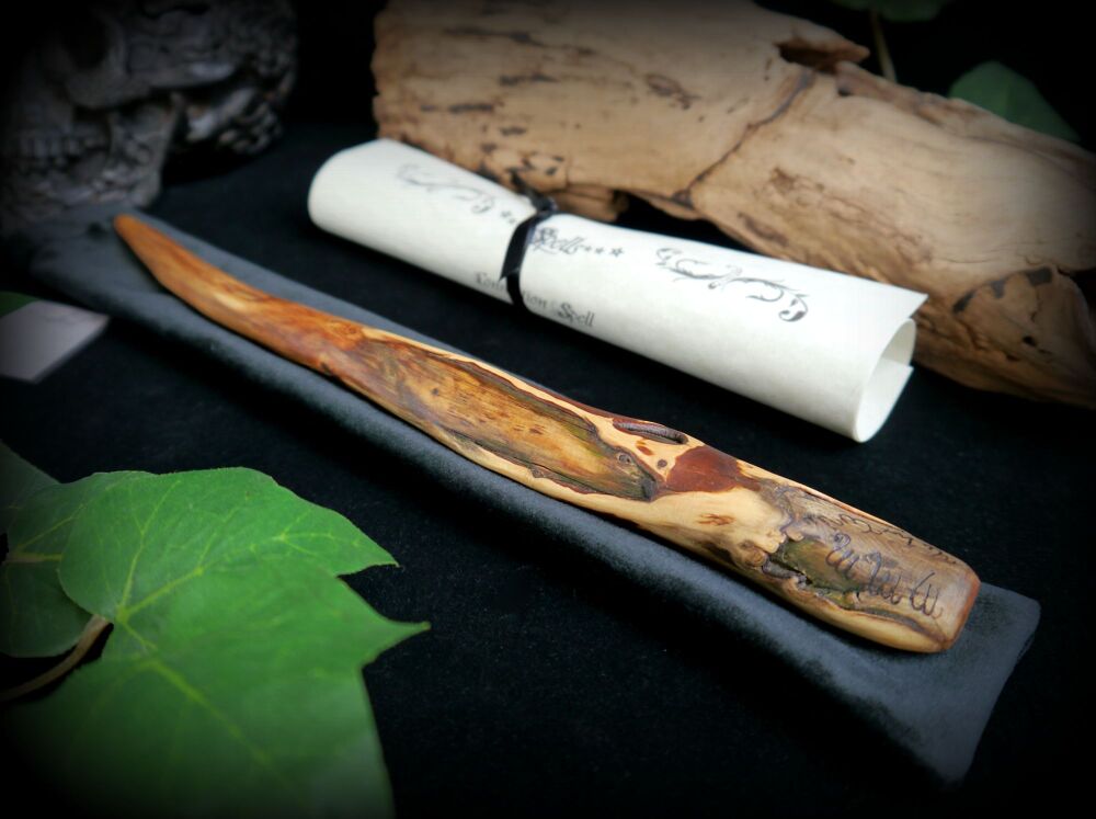 Witches Yew Wood Wand Hand Carved with Bag Pagan Wiccan Wooden Wand with Spells