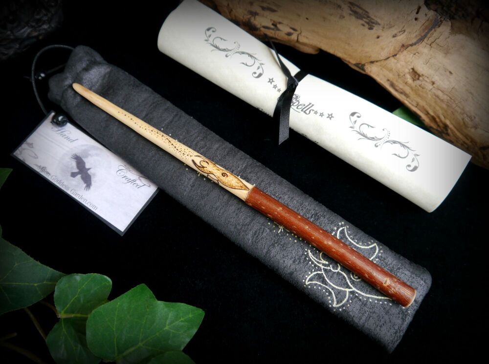 Witches Hand Carved Willow Wood Wand with Goddess and Moon design Wicca Pagan Altar Gift Wooden Wand
