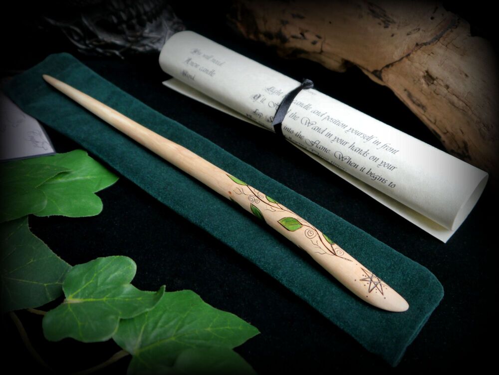 Witches Hand Carved Alder Wood Wand with Faerie Star and Vine design Wicca 
