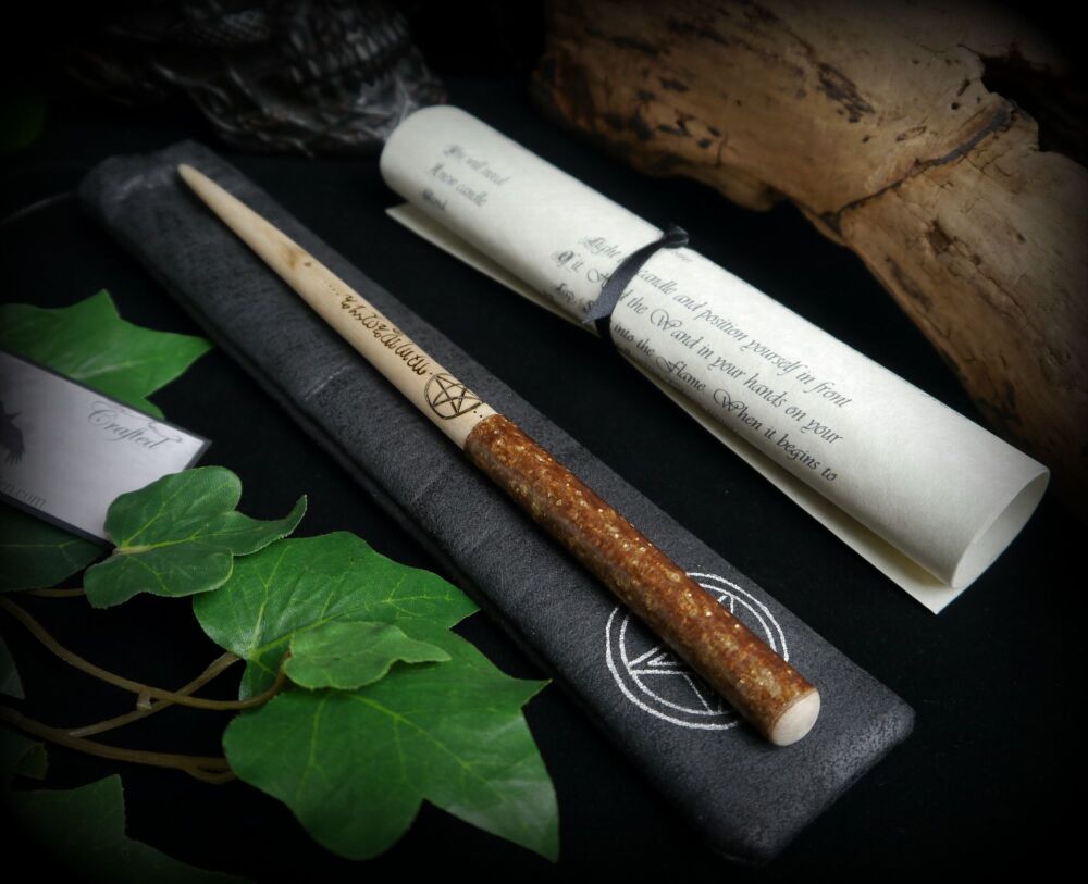 Witches Hazel Wood Wand with Pentacle and Protection Script design Hand Carved Wooden Wand Spells Witchcraft Wiccan Pagan Magic Gift