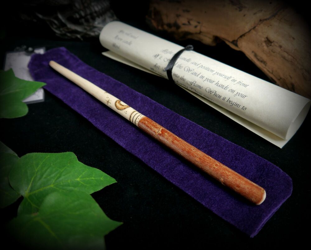 Witches Hand Carved Willow Wood Wand with Moon design Wicca Pagan Altar Gif