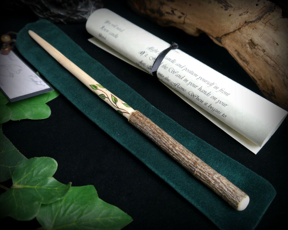Witches Rowan Wood Wand with Vine Leaf design Bag and Spells Hand Carved Wi