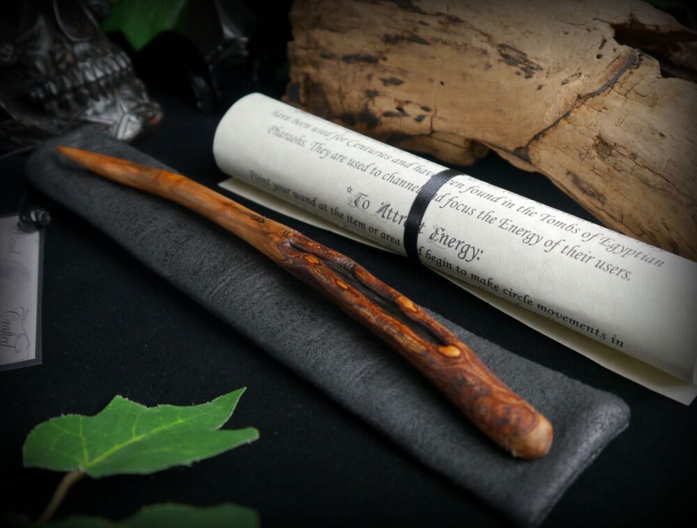 Witches Rowan Root Wood Wand with Yoni Hand Carved Wooden Wand with Bag and Spells Wicca Witchcraft Pagan Wiccan