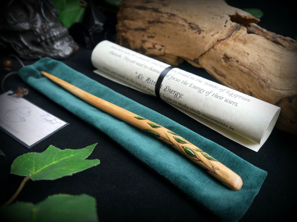 Witches Hand Carved Alder Wood Wand with Hand Painted Vine design Wicca Pagan Altar Fairy Gift Wooden Wand