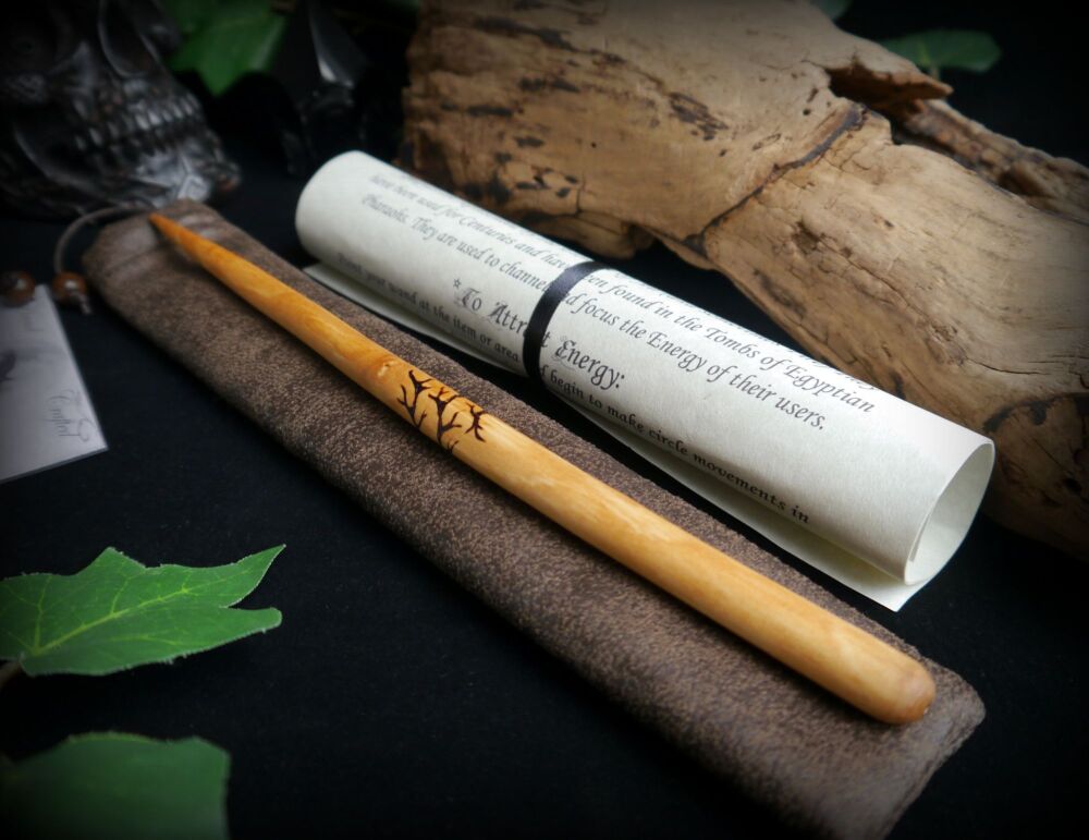 Witches Rowan Wood Wand with Spiral Branch design Bag and Spells Hand Carve
