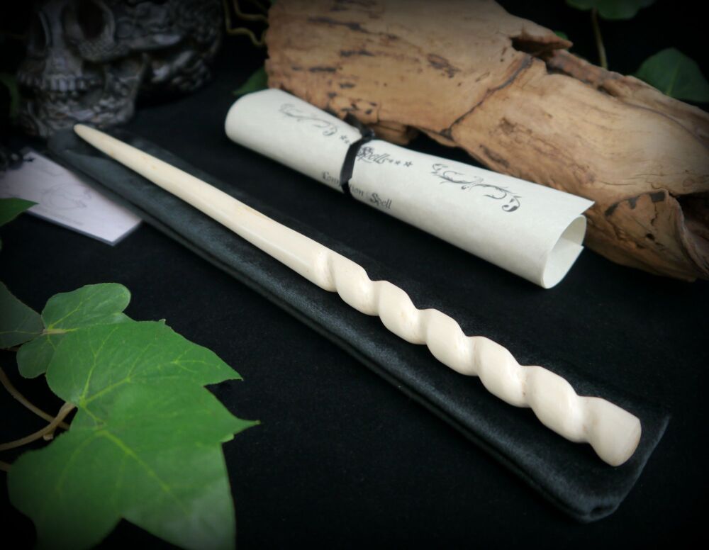 Witches Rowan Wood Wand with Hand Carved Spiral design and Wand Bag Spells 