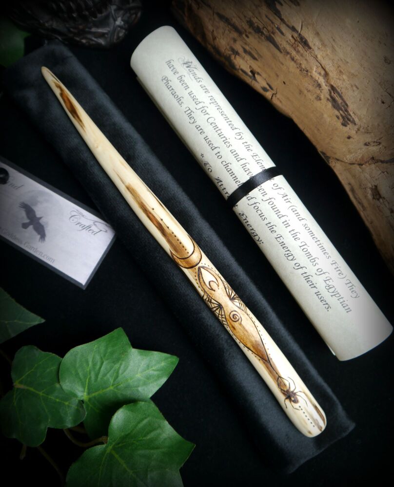 *Witches Rowan Wood Wand with Spider Goddess design Hand Carved Wand Bag an