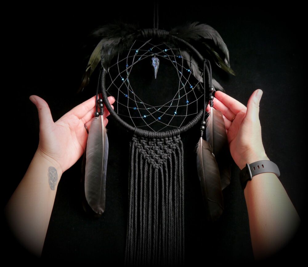 *Witches Raven Spirit Dream Catcher with Crow Feathers Witchcraft Gift Samh