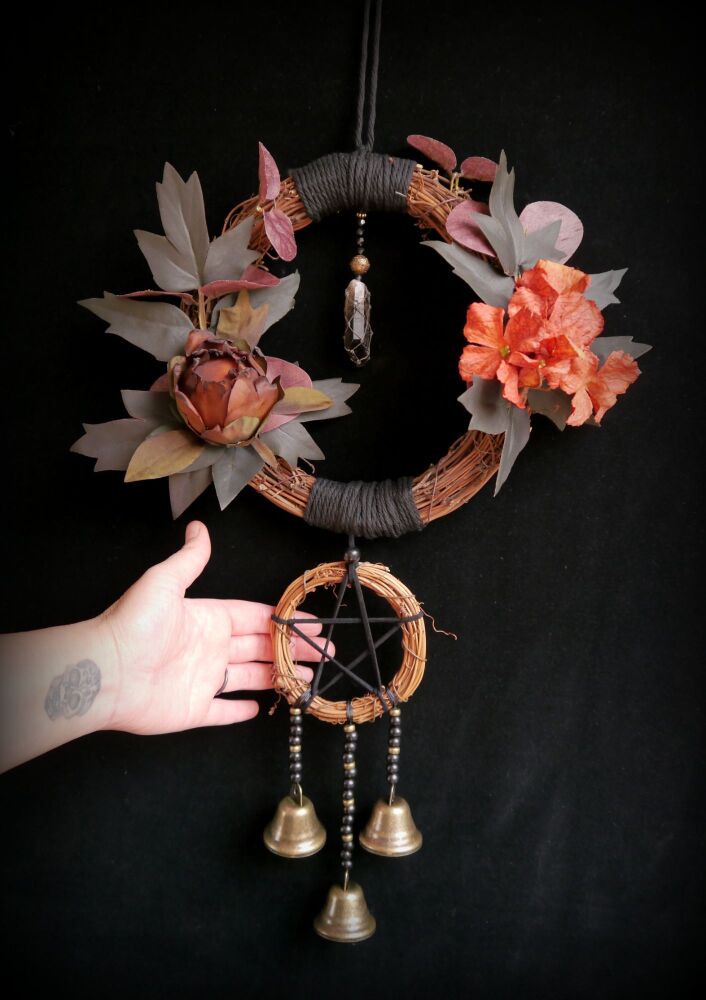 *Witches Pentacle Wreath Crystal and Witch Bells Protection Dark Decoration Autumnal decor Samhain Halloween