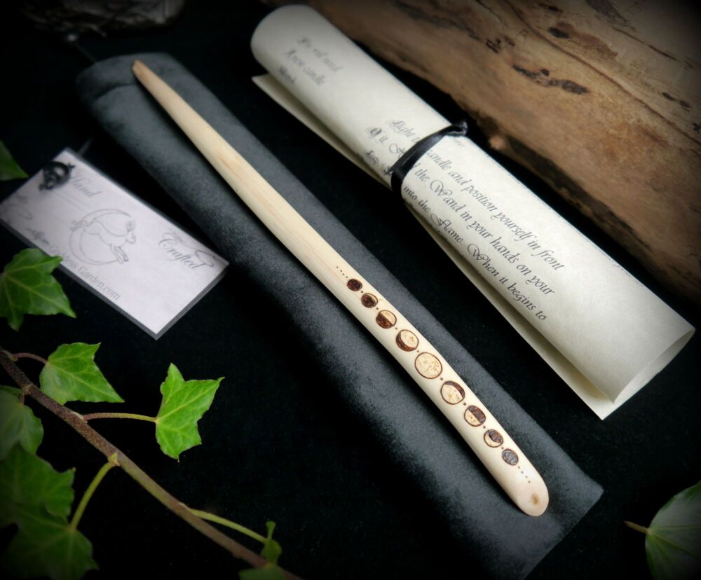 *Witches Willow Wood Wand with Moon Phases Hand Carved Wicca Pagan Altar Gi