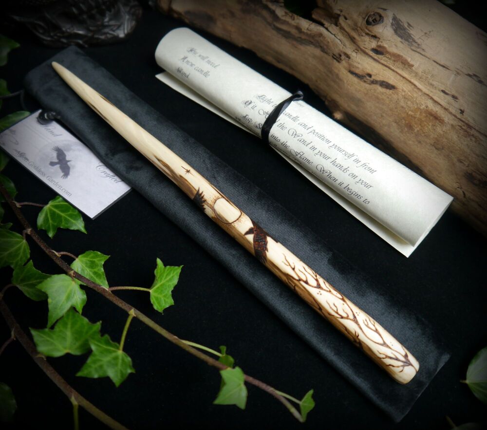 *Witches Rowan Wood Wand with Raven Forest design Bag and Spells Hand Carve