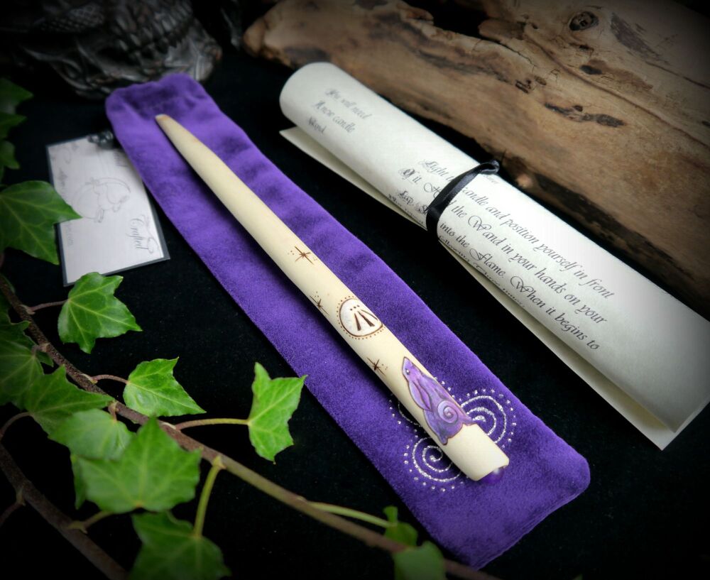 *Witches Willow Wood Wand with Moon Gazing Hare and Amethyst crystal Hand C