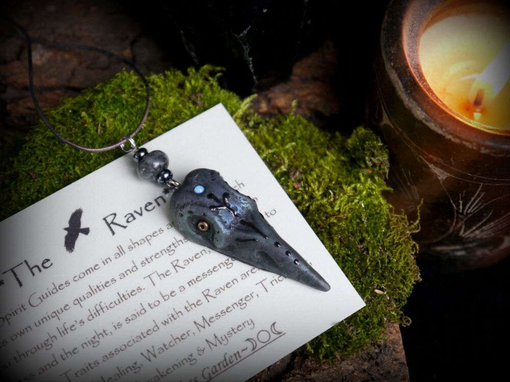 Raven Pendant and Larvikite Crystal Spirit Guide Protection Necklace Polymer Clay Viking Handmade
