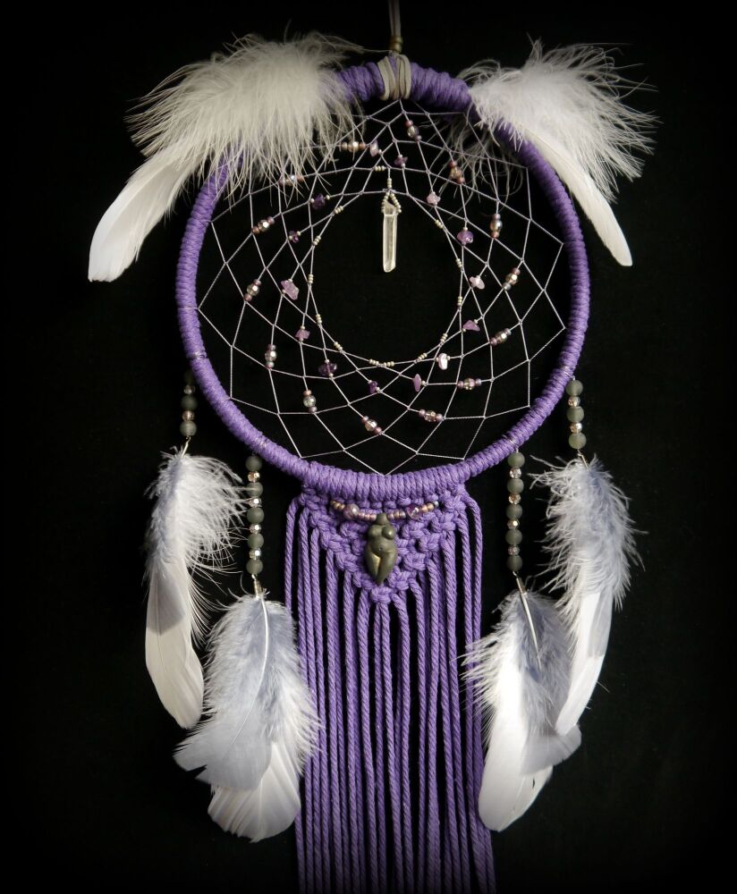 *Witches Amethyst Goddess Spirit Dream Catcher with Quartz Crystal Witchcraft Gift Luna Wreath Charm lucid Dreams Macramé Wall Hanging