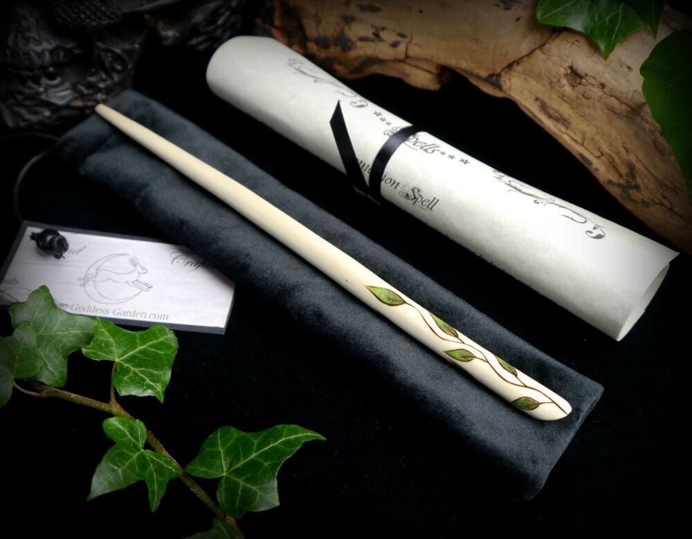 *Witches Willow Wood Wand with Painted Vine Hand Carved Wicca Pagan Altar Goddess Moon Gift bag and spells Wooden Wand