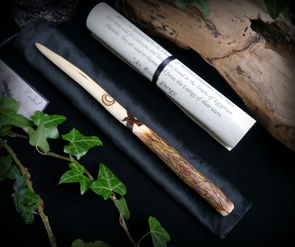 *Witches Rowan Wood Wand with Raven Forest design Bag and Spells Hand Carve