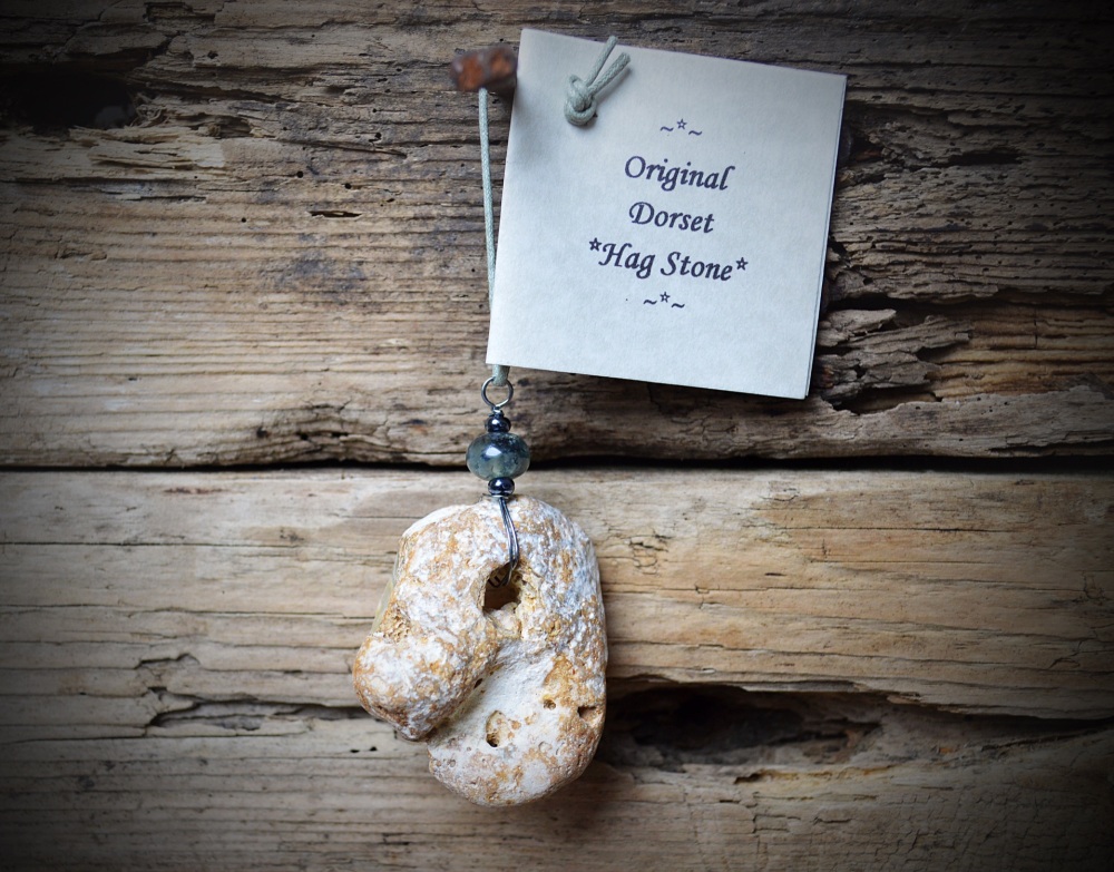 Hag Stone Charm with Green Prehnite Crystals