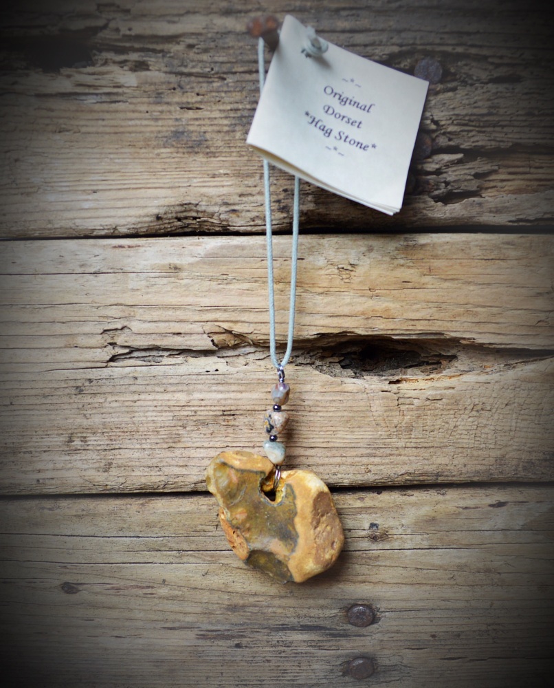 Hag Stone Charm with Ocean Jasper Crystals