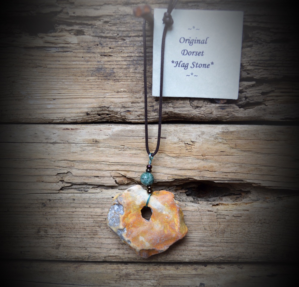 Hag Stone Charm with Moss Agate crystals