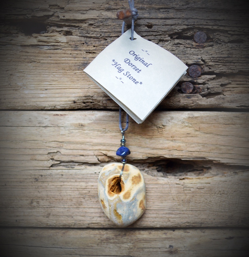 Hag Stone Charm with Blue Tigers  Eye Crystal