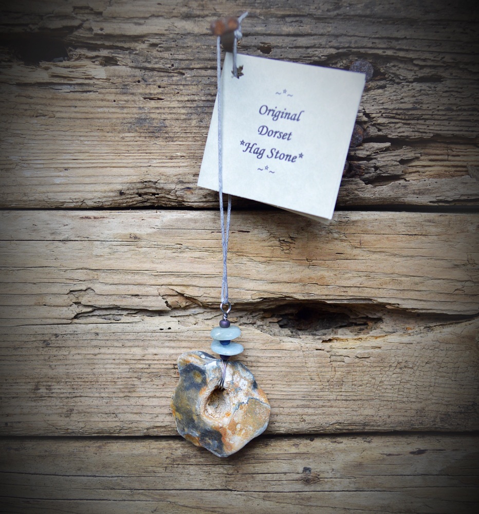 Hag Stone Charm with Aquamarine Crystals