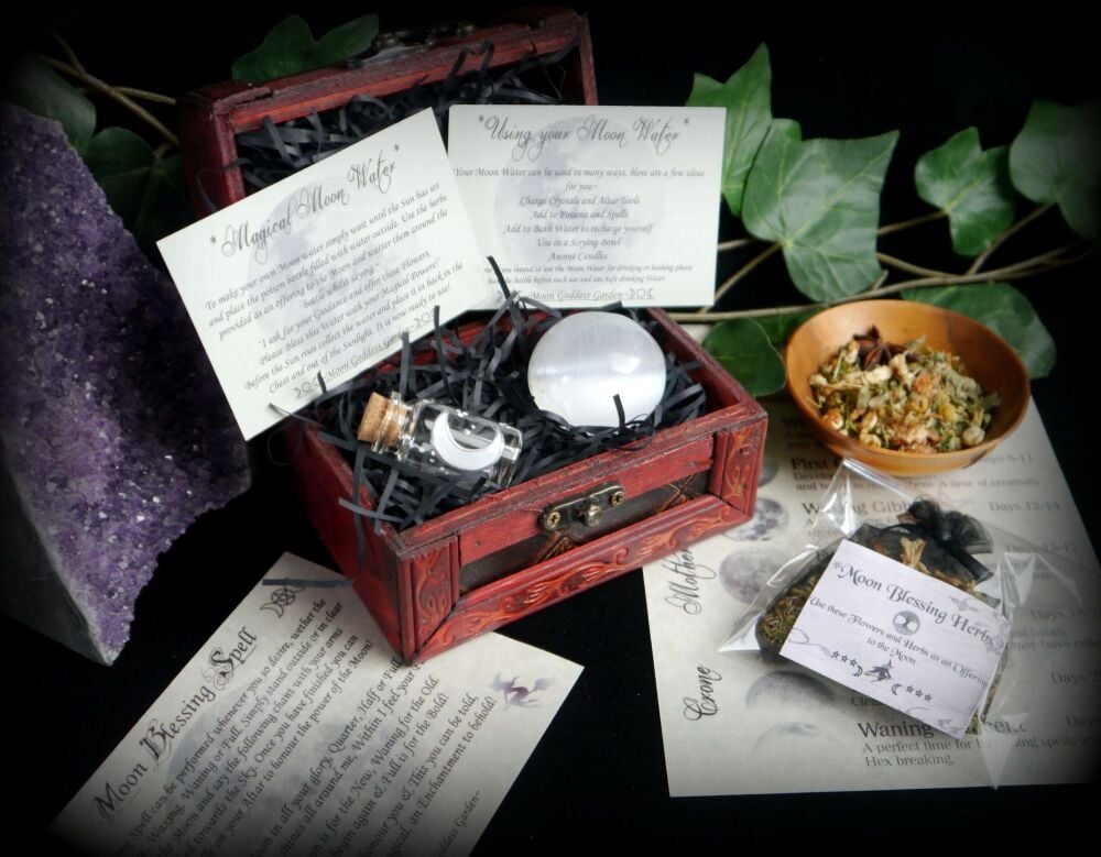 Moon Magic Kit Selenite Sphere chest set Luna Phases Moon Water Blessing Spell Witch Wiccan Pagan Crystal Altar