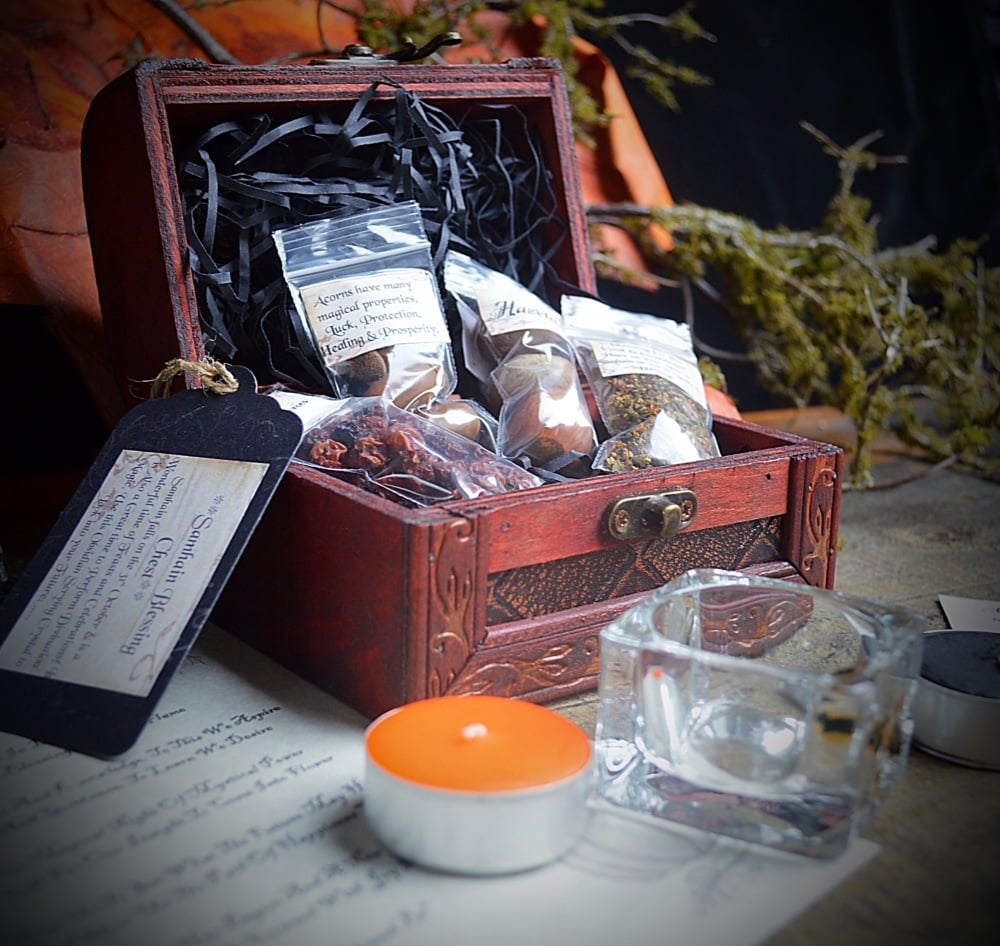 Samhain Blessing Chest with Scrying Orb, Rowan Berries, Herbs and Offering