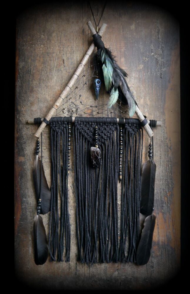 *Witches Raven Spirit Dream Catcher Handmade Rowan Wood and Macramé wall hanging Crow Raven lucid Dreams Pagan Wiccan Curio Gift