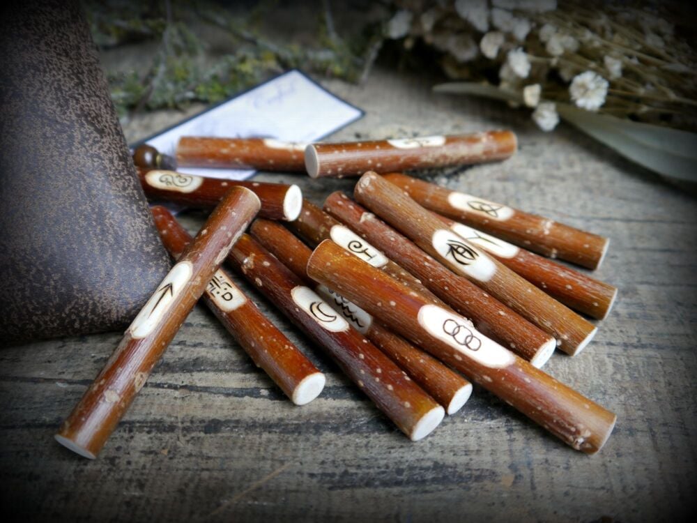 13 Willow Wood Witches Runes with faux Leather Bag & Casting Instructions