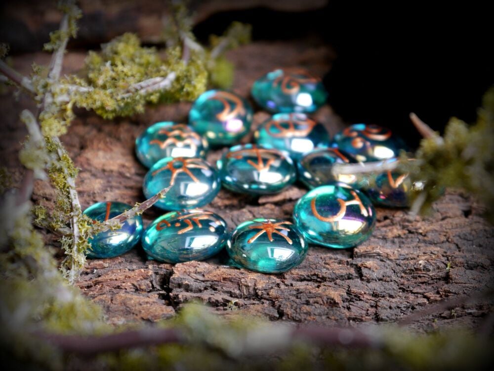 13 Witches Glass Teal & Copper Runes with Black Bag and Casting Instructions