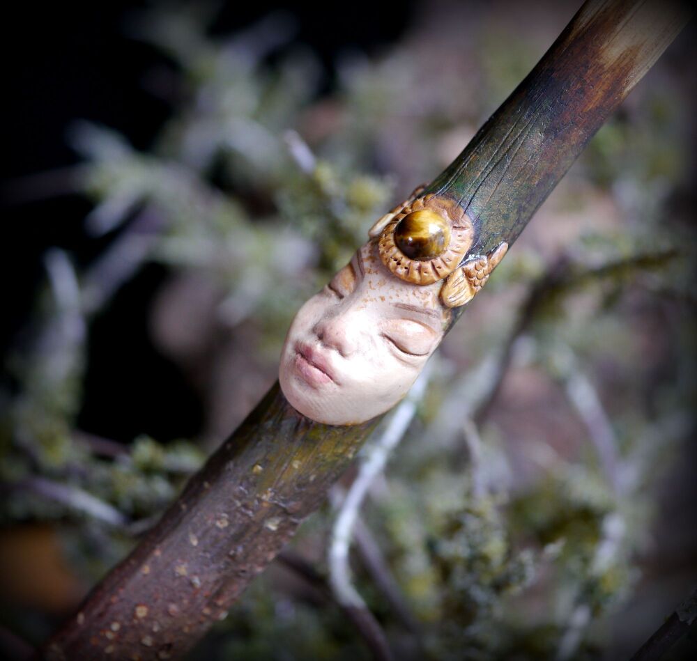*Oak Wood Wand Woodland Forest Nymph Wicca Pagan Altar witches Gift Hand Carved Wooden Wand Tigers Eye Crystal Spell Magic