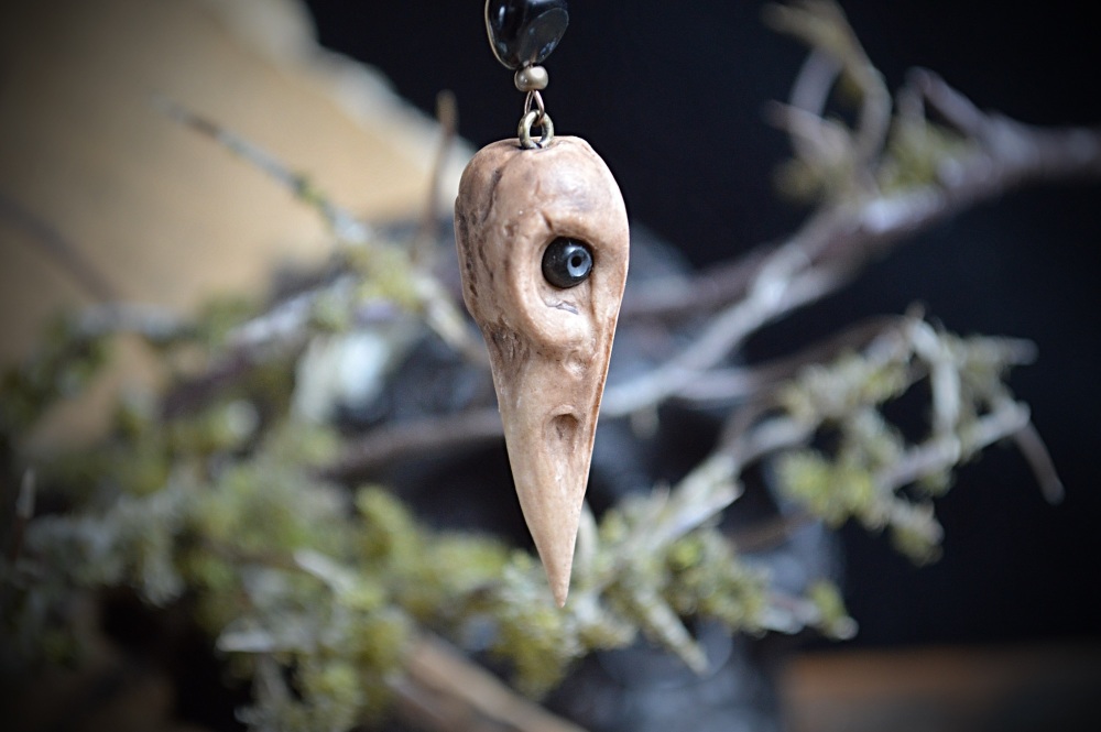Raven Pendant and black agate Crystal Spirit Guide Protection Necklace Polymer Clay Viking Handmade