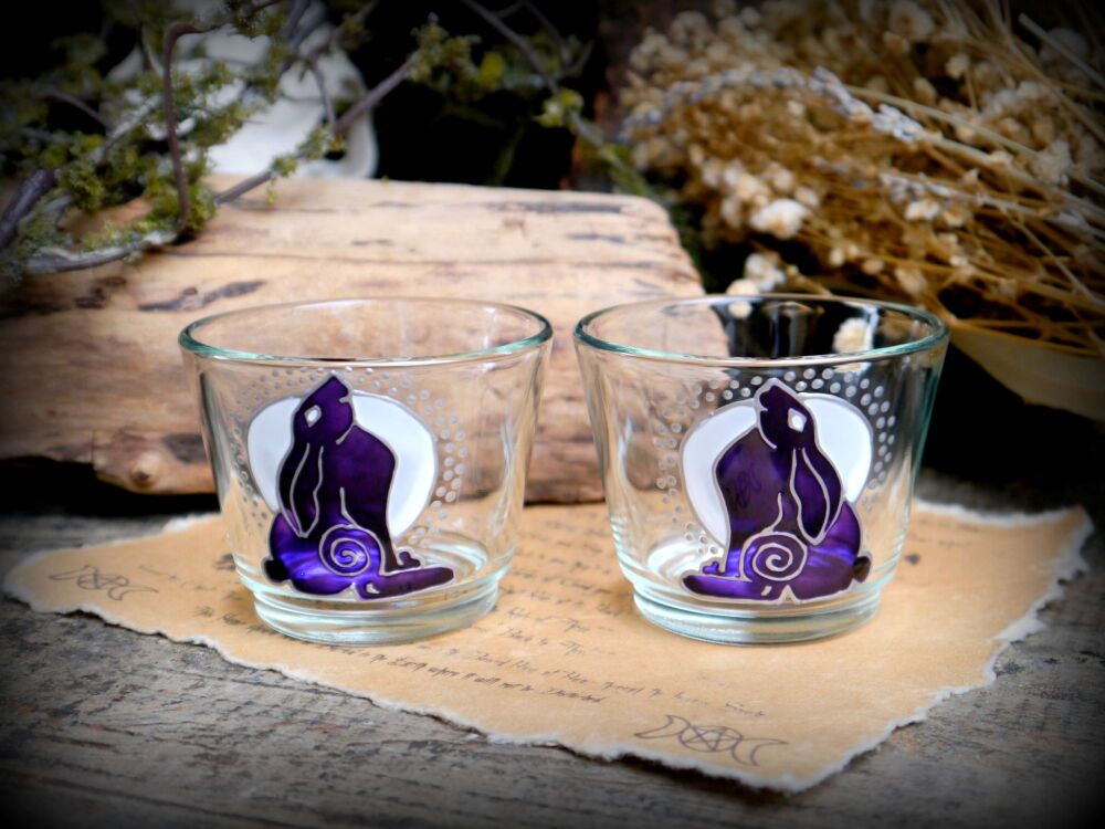 Witches Moon Gazing Hare Glass Candle Holders Hand Painted