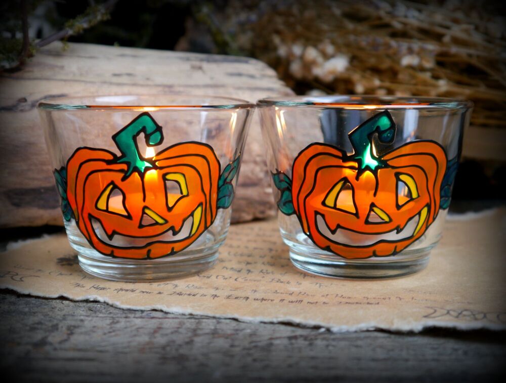 Witches Pumpkin Glass Candle Holders Hand Painted Samhain Halloween Gift