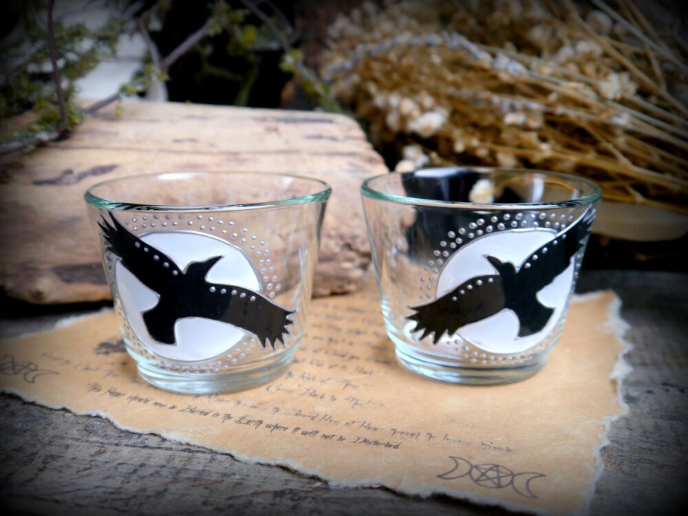 Witches Raven and Moon Glass Candle Holders Hand Painted Samhain Gift Fall 