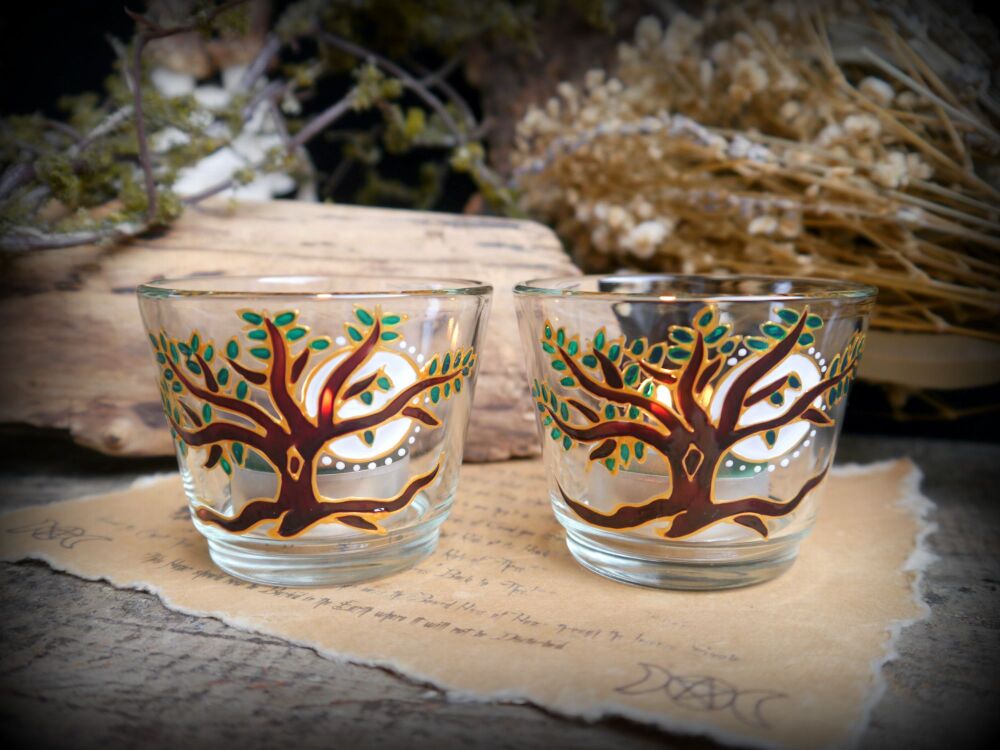 Witches Tree of Life Glass Candle Holders Hand Painted Samhain Gift Fall decoration