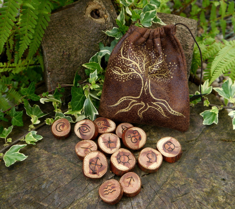 13 Yew Wood Witches Runes with *Tree of Life* Bag & Casting Instructions