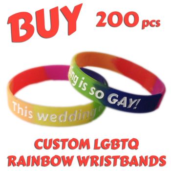 N2) Custom Printed Silicone LGBTQ Rainbow Pride Wristbands x 200 pcs