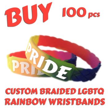 M1) Custom Printed LGBTQ Rainbow Braided Pride Wristbands x 100 pcs