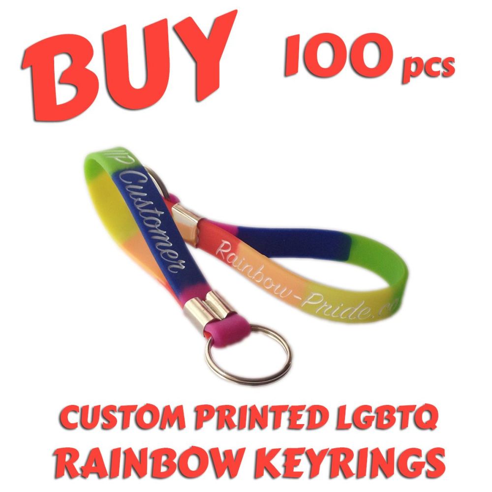 O1) Custom Printed LGBTQ Rainbow Pride Keyrings x 100 pcs