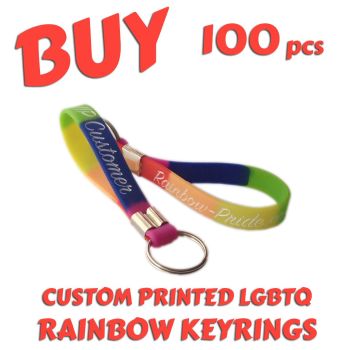 O1) Custom Printed LGBTQ Rainbow Pride Keyrings x 100 pcs
