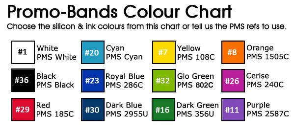 Promo-Bands - Colour Chart. www.Promo-Bands.co.uk