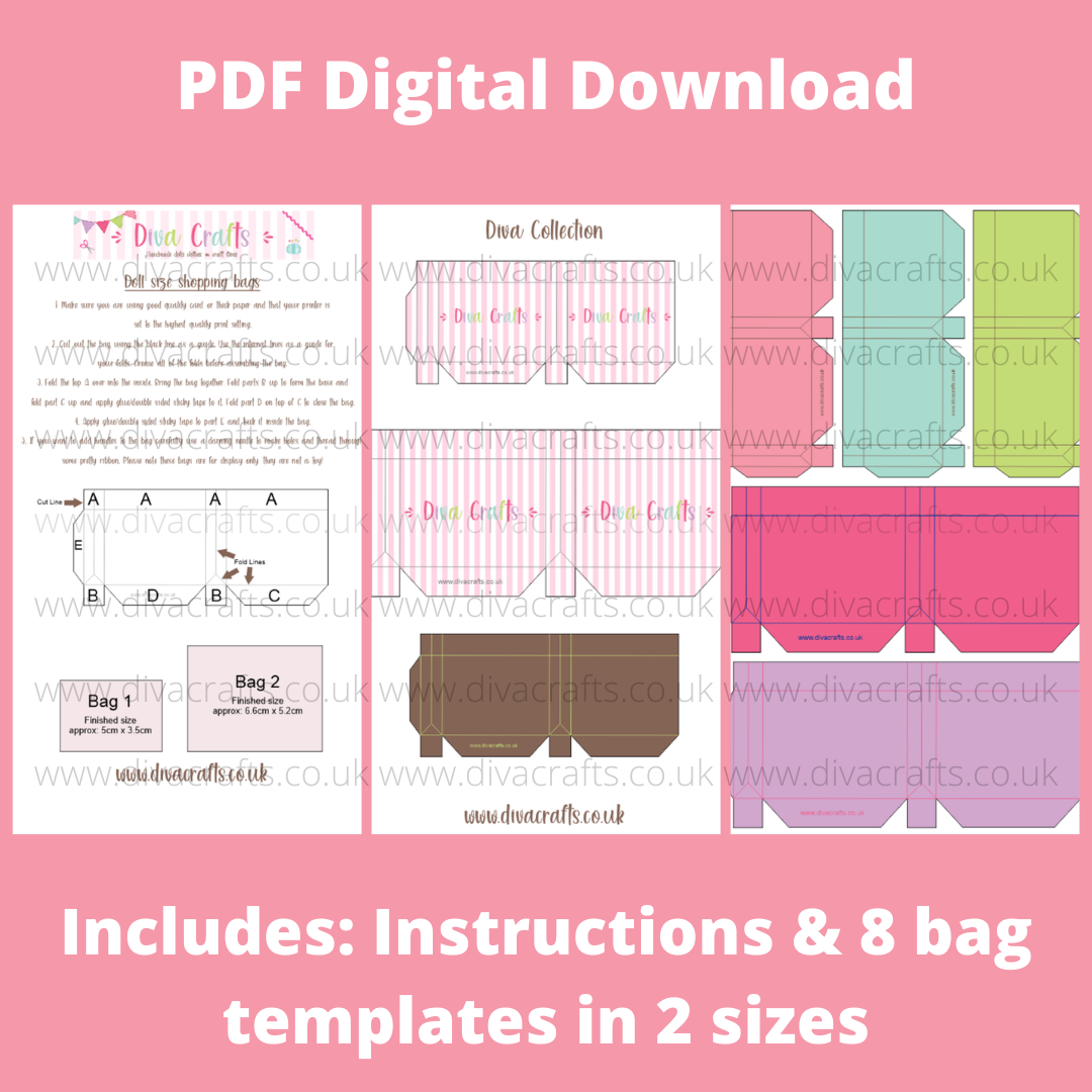 PDF Digital Download Printable Mini Doll Size Shopping Bags - Diva Collecti