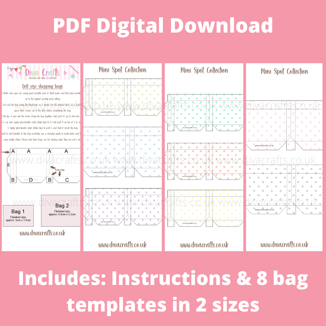 PDF Digital Download Printable Mini Doll Size Shopping Bags - Mini Spot Col