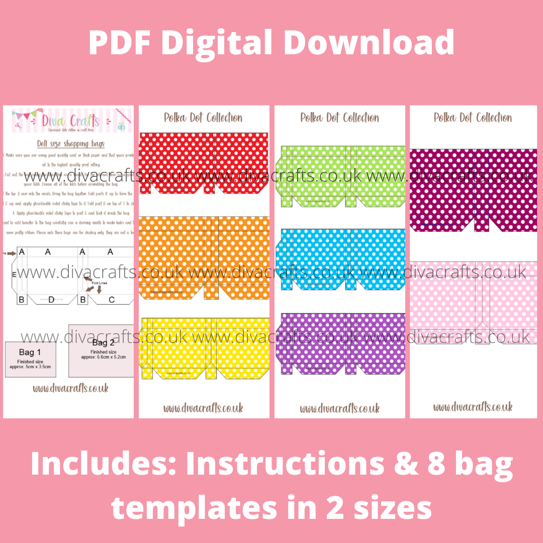 PDF Digital Download Printable Mini Doll Size Shopping Bags - Polka Dot Col