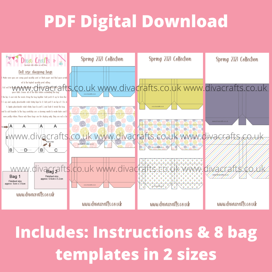 PDF Digital Download Printable Mini Doll Size Shopping Bags - Spring 2021 Collection