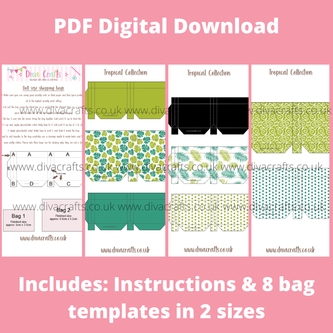 PDF Digital Download Printable Mini Doll Size Shopping Bags - Tropical Coll