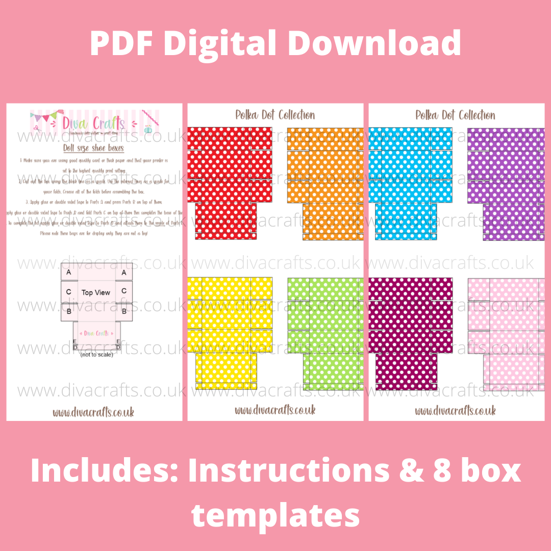PDF Digital Download Printable Mini Doll Size Shoe Boxes - Polka Dot Collec
