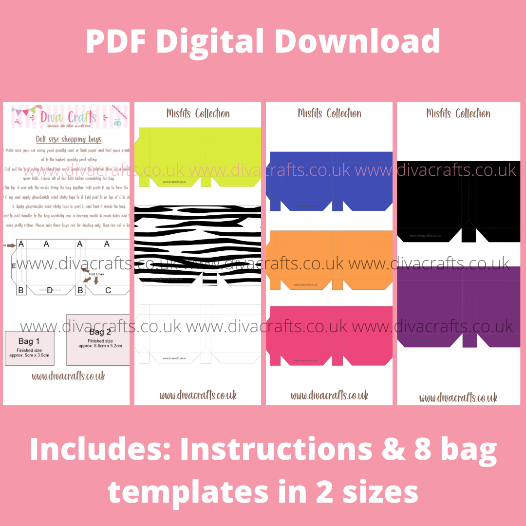 PDF Digital Download Printable Mini Doll Size Shopping Bags - Misfits Colle