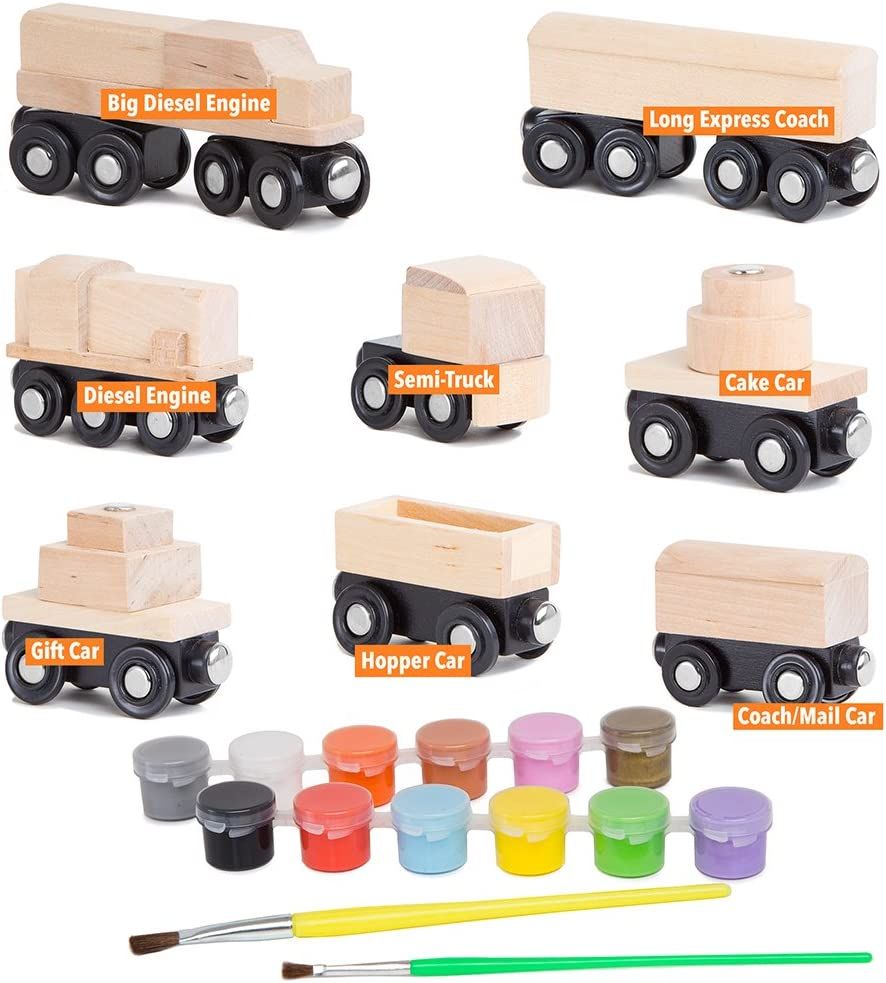 8 Unpainted Train Cars with 12 Colors Paint and Paint Brushes Set - Orbrium